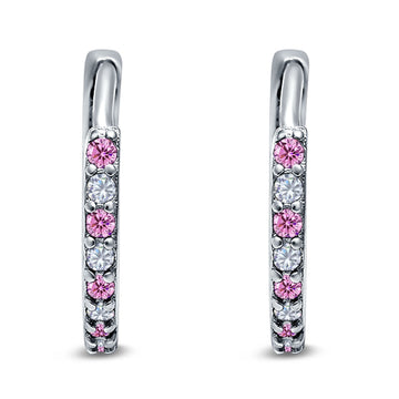 Half Eternity Hoop Earrings Round Simulated Pink Cubic Zirconia 925 Sterling Silver (16mm)
